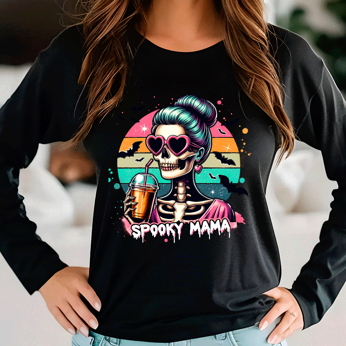 Spooky Mama Boojie Skeleton Halloween HTV Graphic Ladies Long Sleeve T-shirts