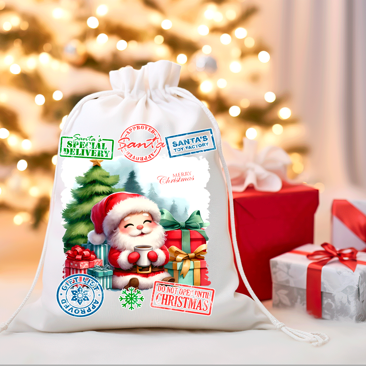 Christmas-themed drawstring bag with Santa Claus design against a festive background with lights and presents.