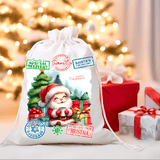 Christmas-themed drawstring bag with Santa Claus design against a festive background with lights and presents.