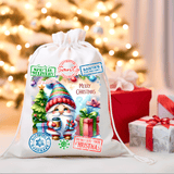 Decorative Christmas sack with Santa-themed graphics and text, placed against a festive background with lights and presents.