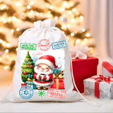 Christmas-themed drawstring bag with Santa Claus illustration against a festive background with presents.