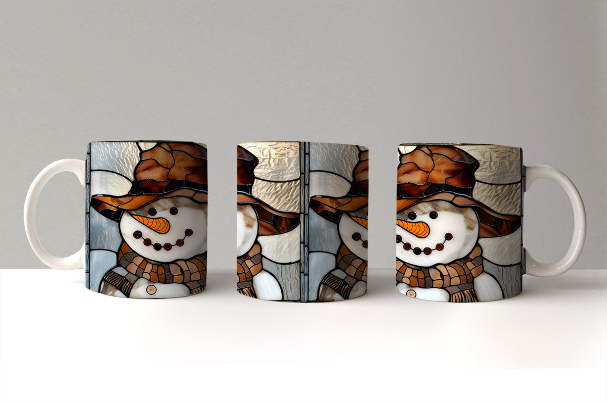 Three mugs with stained glass snowman design on a white surface.