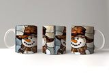 Three mugs with stained glass snowman design on a white surface.