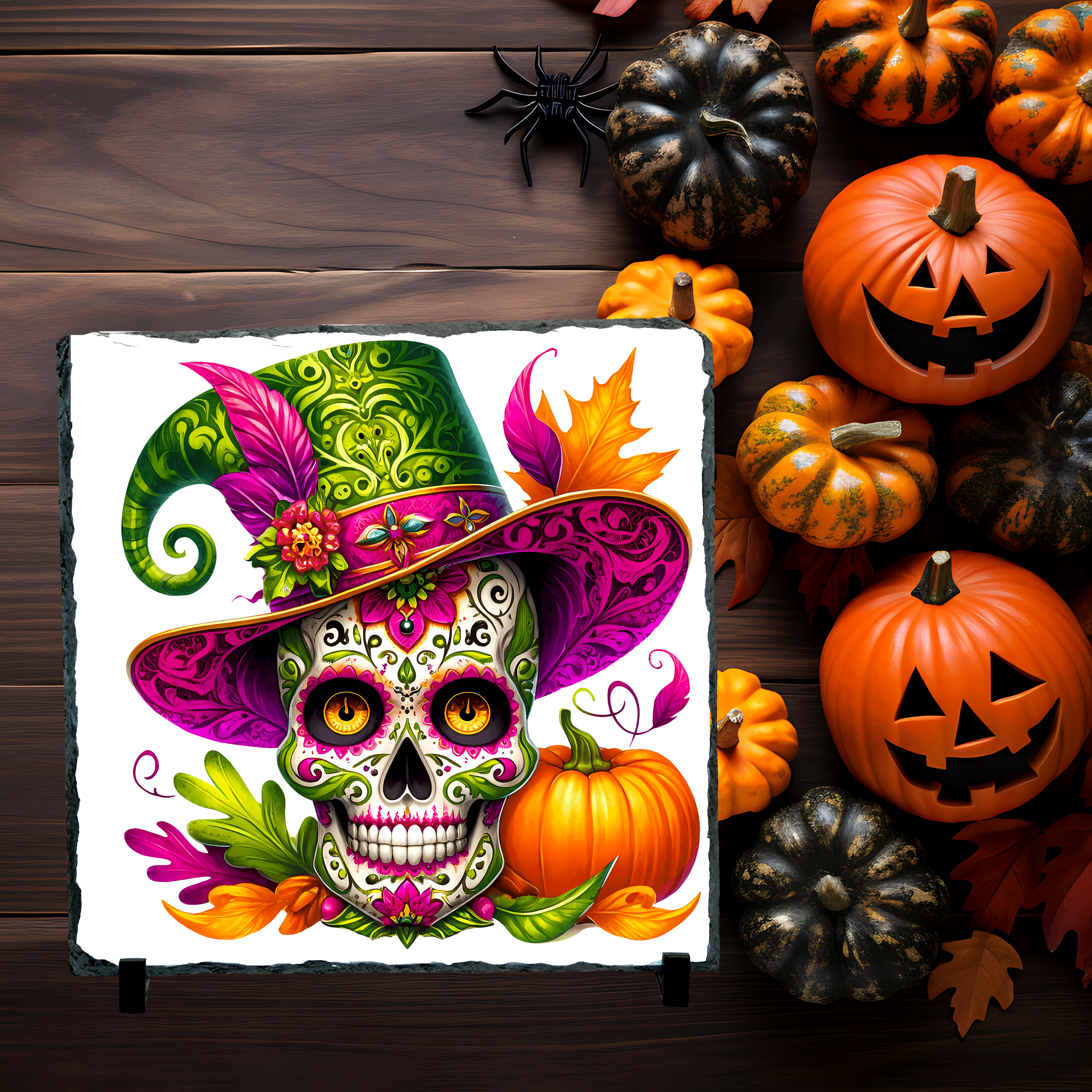 Colorful sugar skull design with a witch hat on a wooden background with pumpkins and leaves.