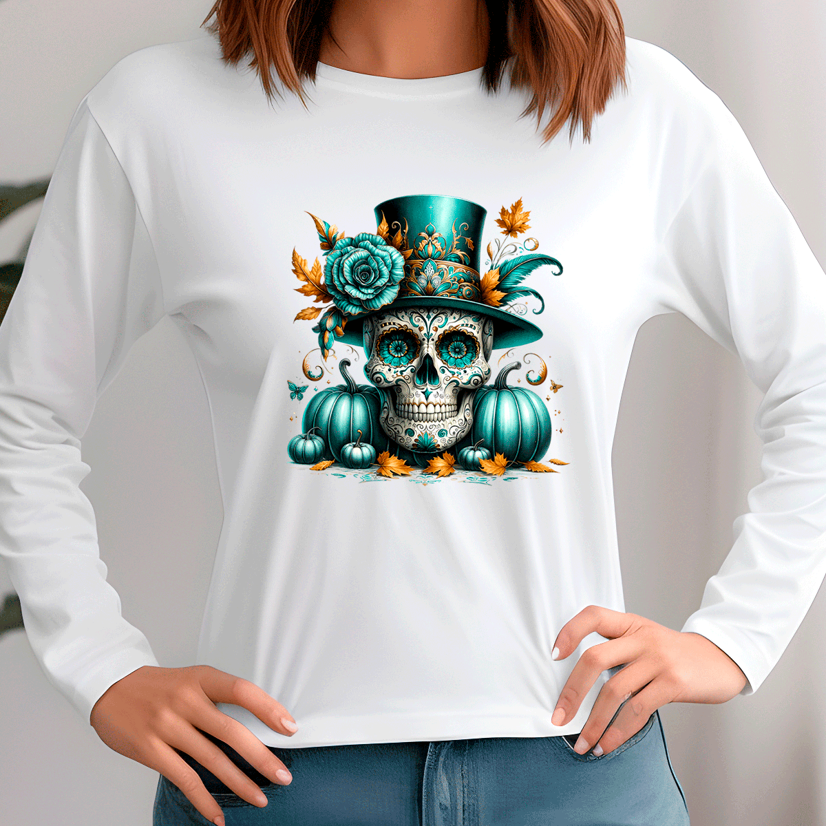 White sweatshirt with a colorful skull and pumpkin design on a plain background