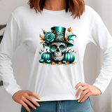 White sweatshirt with a colorful skull and pumpkin design on a plain background