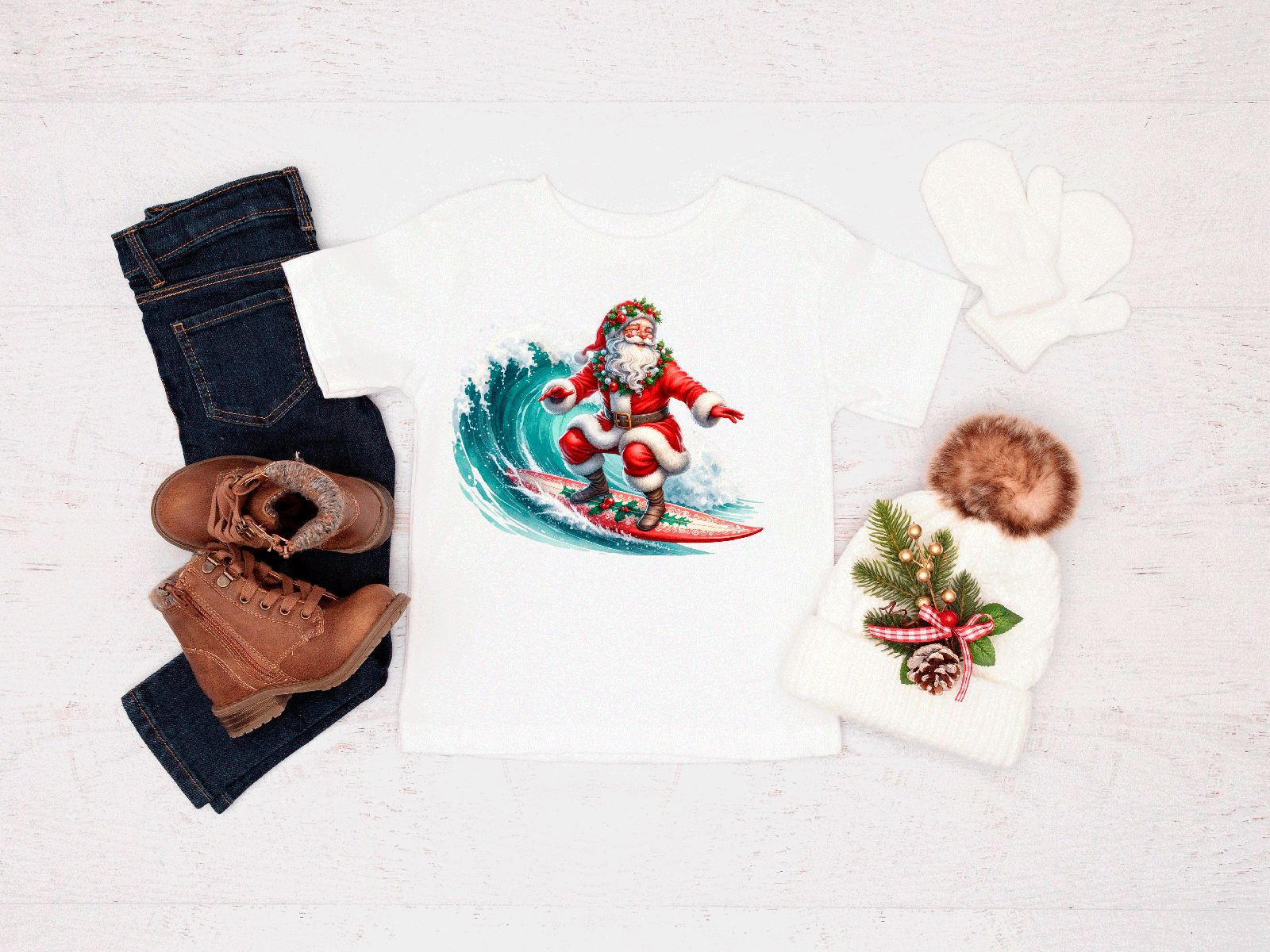 Pair of jeans, boots, and a tee with Santa Claus design on a white background
