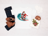 Pair of jeans, boots, and a tee with Santa Claus design on a white background