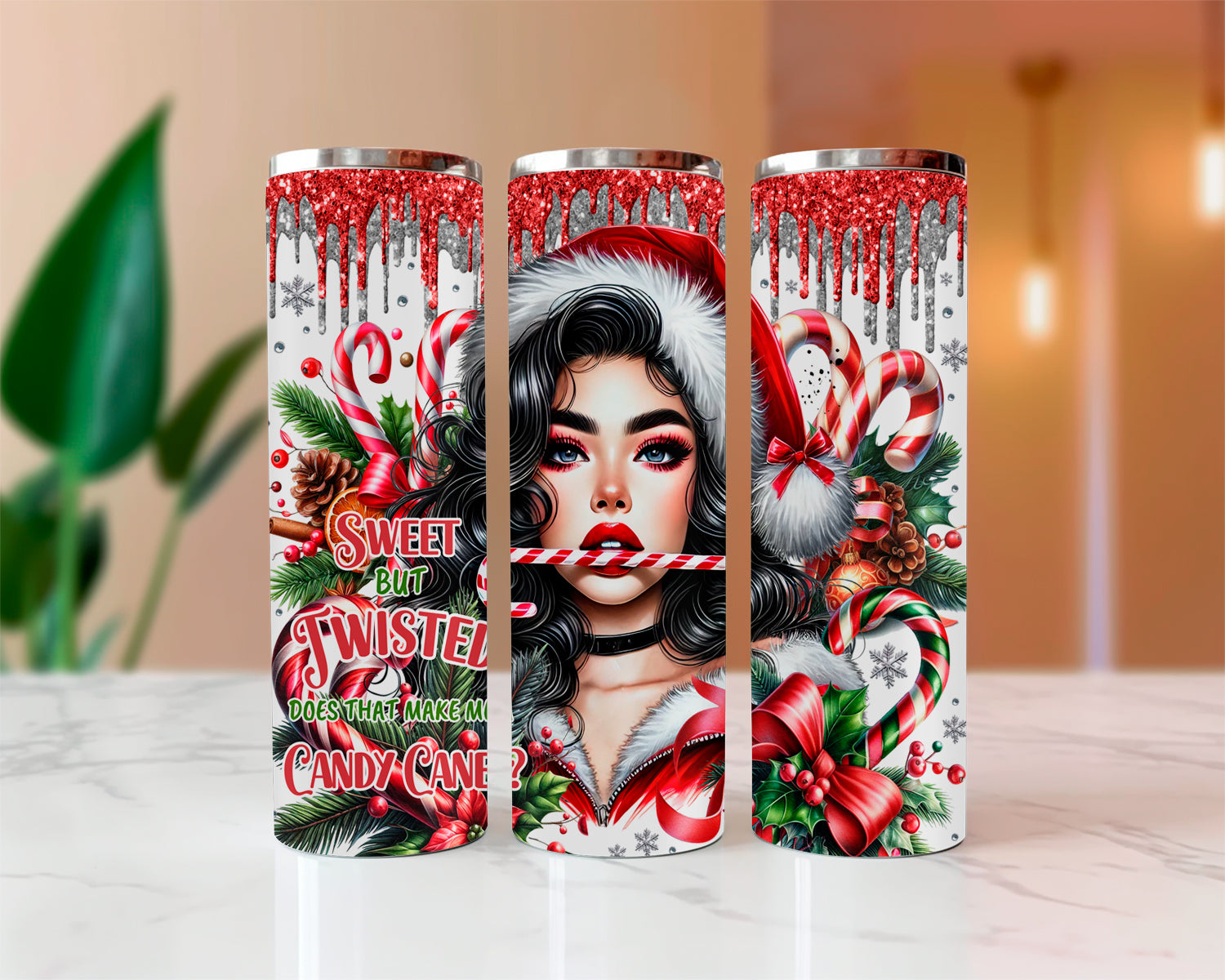 Three tumbler designs with a Christmas theme featuring candy canes and festive elements on a neutral background.