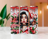 Three tumbler designs with a Christmas theme featuring candy canes and festive elements on a neutral background.
