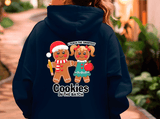 Navy blue hoodie with gingerbread-themed design on the back