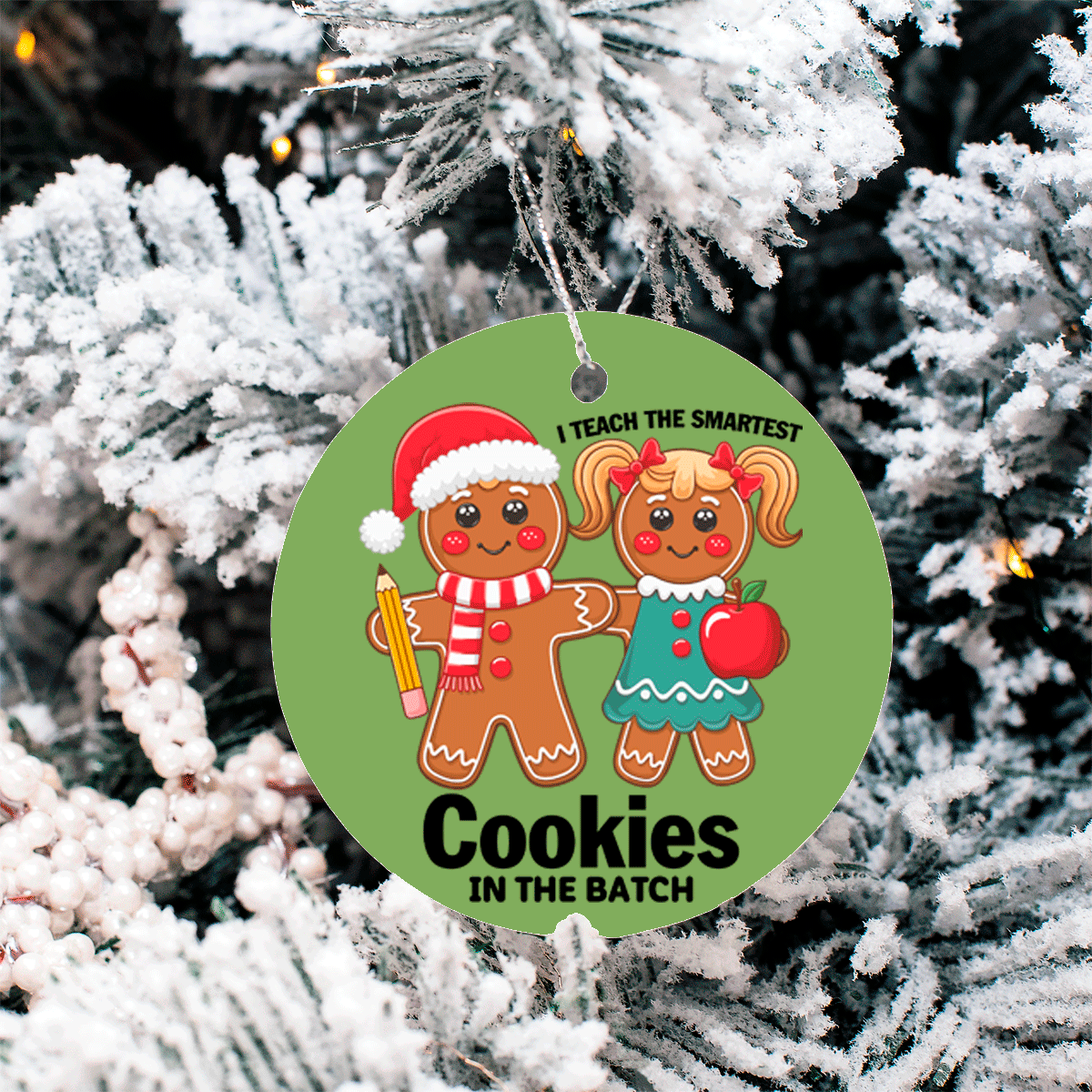 Circular green ornament with gingerbread characters on a snowy tree background