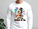 White long-sleeve shirt with a colorful graphic of a voodoo doll and 'Thinking of You' text.