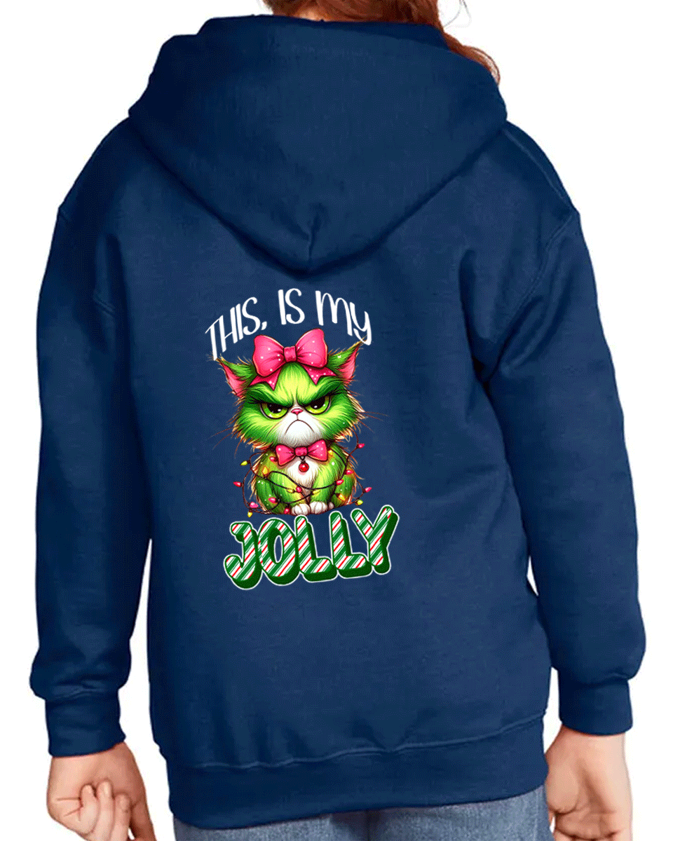 Navy blue hoodie with a colorful cat graphic and text on the back