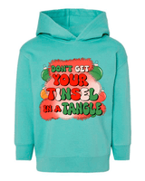 Turquoise hoodie with festive text and tinsel design on a white background
