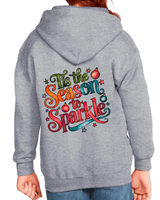 Gray hoodie with colorful 'Tis the Season to Sparkle' text on the back