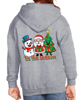 Gray hoodie with Christmas-themed design on the back