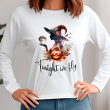 White sweatshirt with Halloween-themed design featuring a witch, pumpkin, and moon.