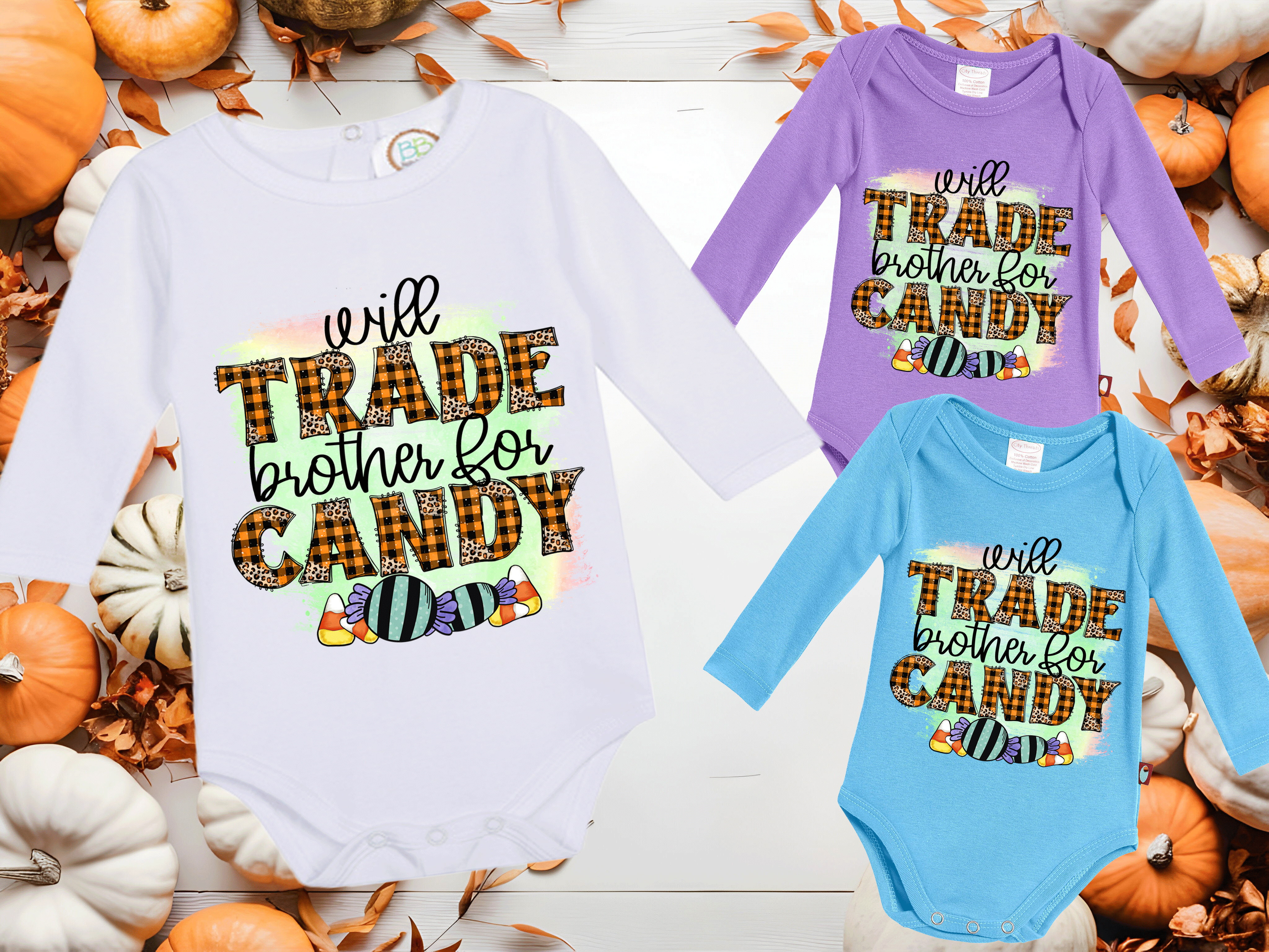 Will Trade Brother For Candy Haloween Sublimated Infant Long Sleeve Bodysuits
