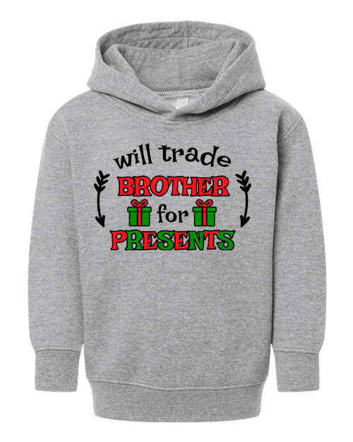 Gray hoodie with Christmas-themed text and graphics on a white background