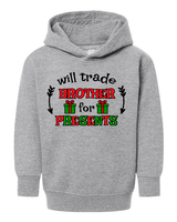 Gray hoodie with Christmas-themed text and graphics on a white background