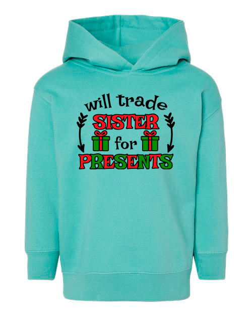 Turquoise hoodie with Christmas-themed text on a white background