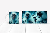 Mug and poster with skull and hand design on a white background