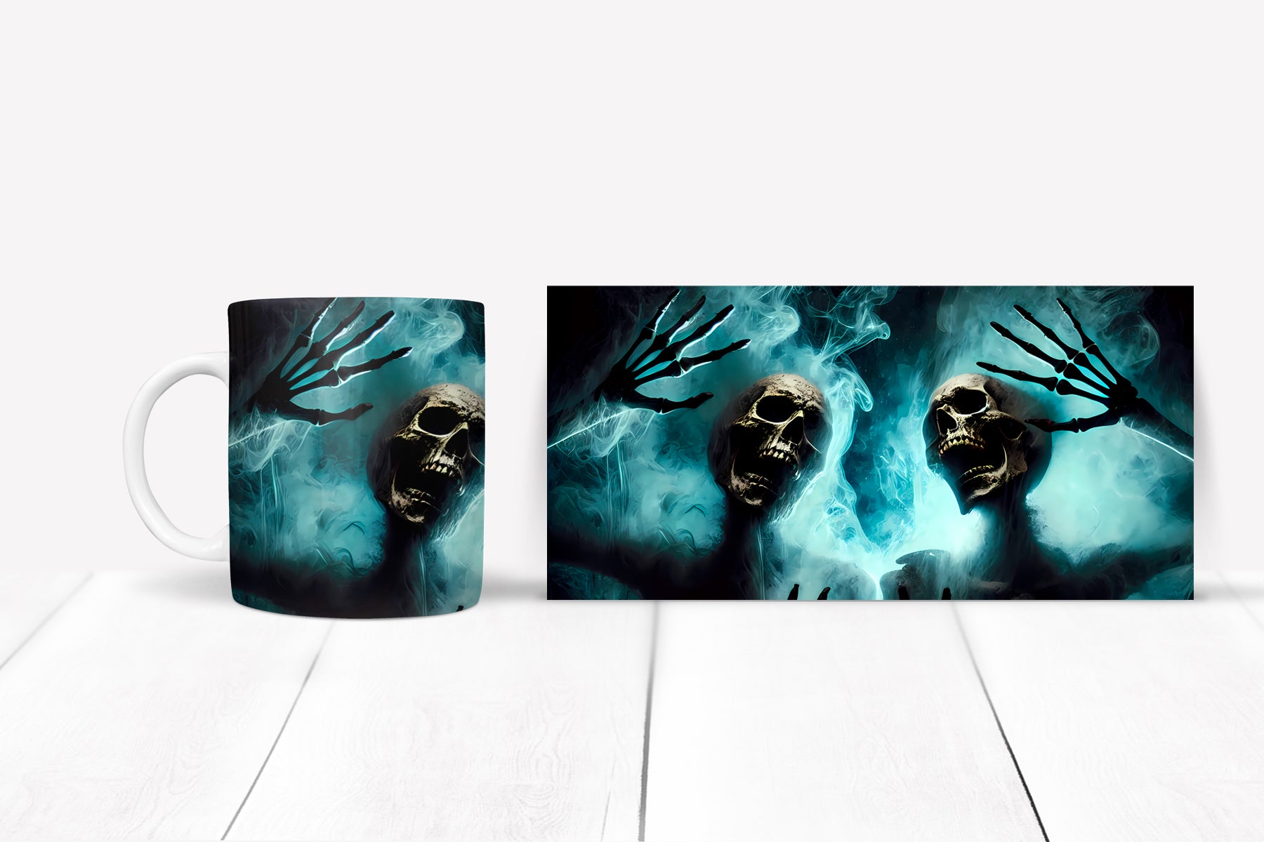 Mug and poster set with skull and hand design on a white background