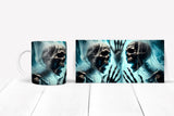 Mug with a design of a skeleton hand reaching out, on a white surface.