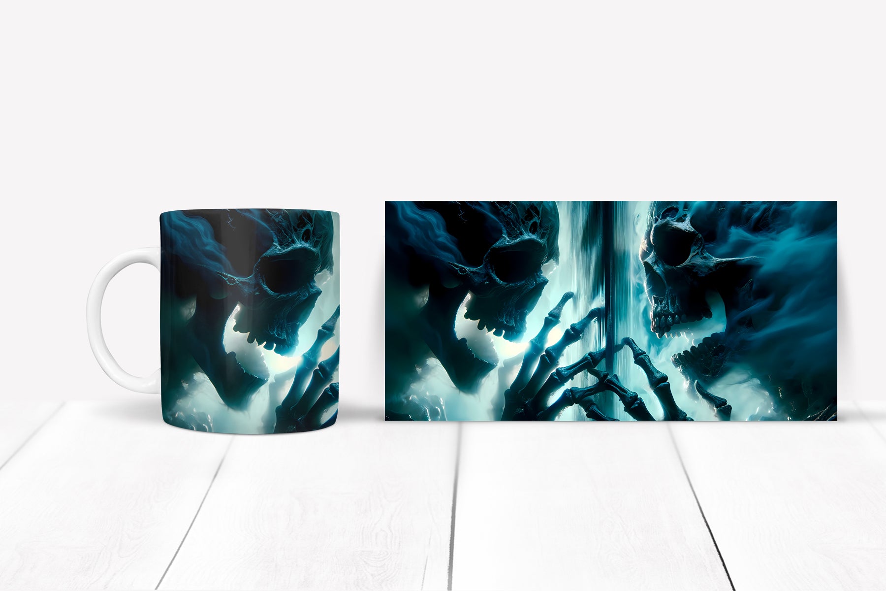 Mug and painting of a skull with blue and black design on a white surface