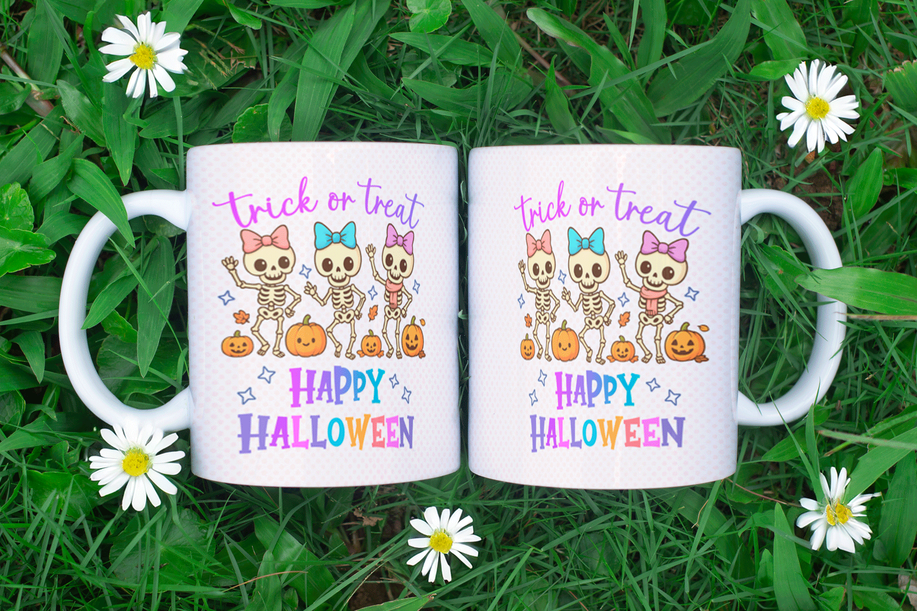 Two Halloween-themed mugs with skeletons and pumpkins on a grass background.