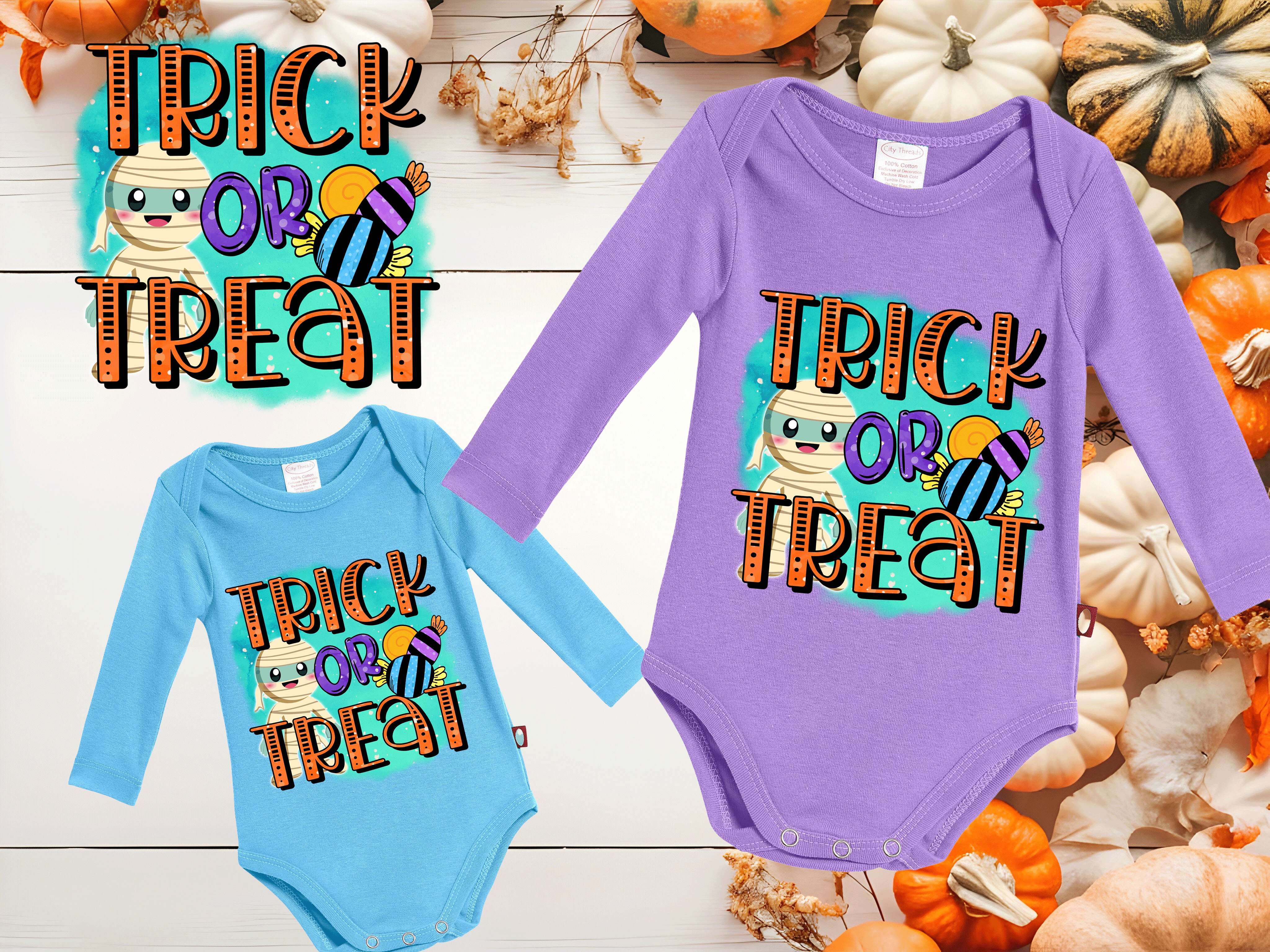 Trick Or Treat Halloween HTV Infant Long Sleeve Bodysuits