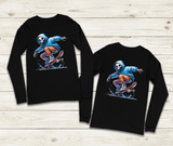 Black long-sleeve shirts with a graphic of a skeleton in a blue jacket skateboarding on a wooden surface.