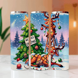 Three cylindrical tumbler designs featuring Christmas-themed illustrations of reindeer and a tree.