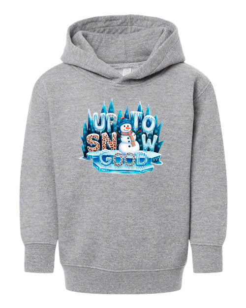 Gray hoodie with a snowman graphic and text on a white background