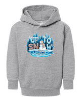 Gray hoodie with a snowman graphic and text on a white background