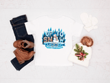 Winter-themed items including jeans, boots, a shirt with a snowman design, and a hat on a white background.