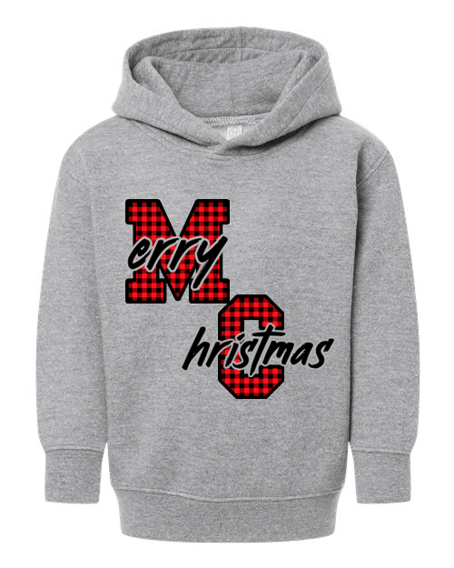 Gray hoodie with 'Merry Christmas' text in red and black plaid design on a white background
