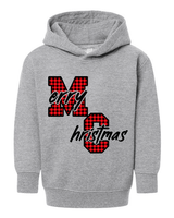 Gray hoodie with 'Merry Christmas' text in red and black plaid design on a white background