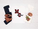 Holiday-themed items including a tee, jeans, boots, and a hat with a Christmas design on a white background.