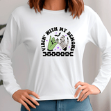 White sweatshirt with graphic design and text worn by a person