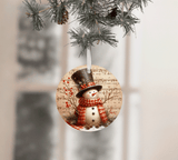Decorative Christmas ornament with a snowman design hanging on a tree.