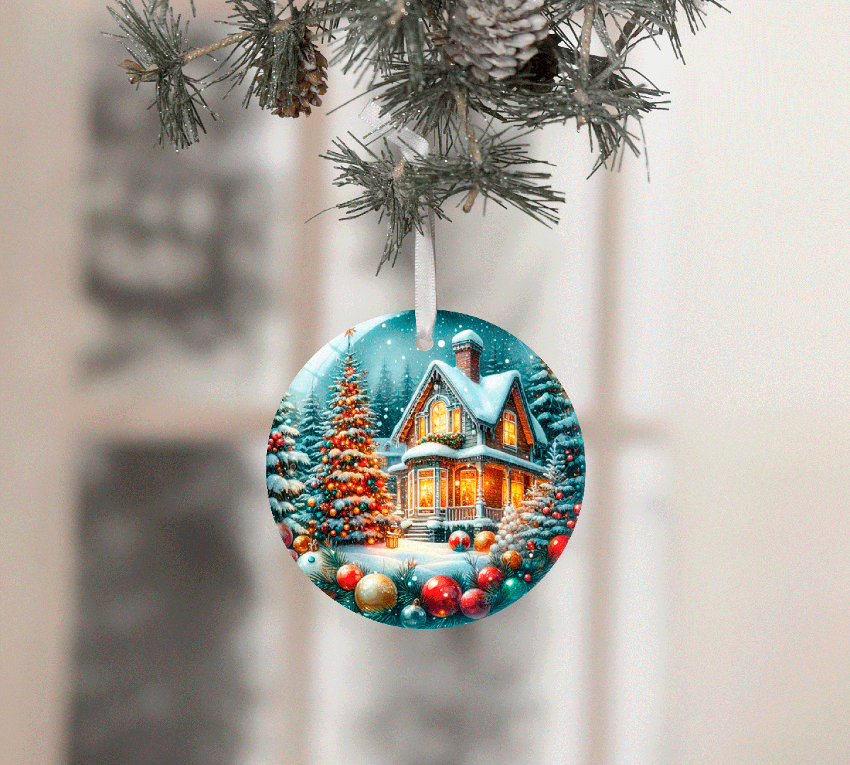 Decorative Christmas ornament with a house and tree design, hanging from a tree branch.