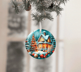 Decorative Christmas ornament with a house and tree design, hanging from a tree branch.