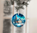 Christmas ornament with a snowy cabin scene hanging on a tree.
