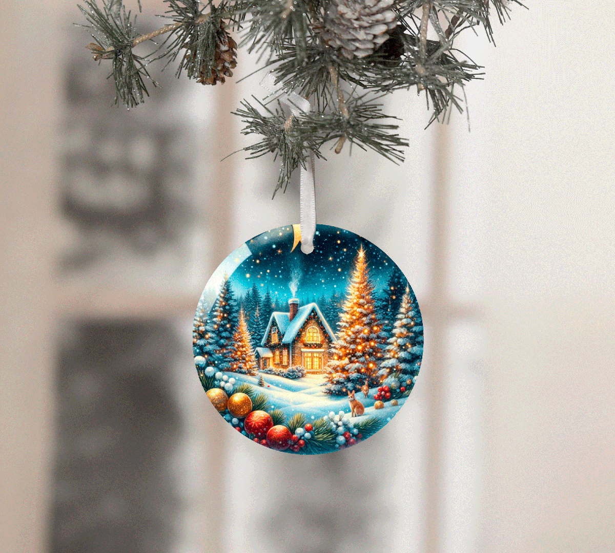 Christmas ornament with a snowy village scene hanging on a tree branch.