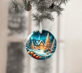 Christmas ornament with a snowy village scene hanging on a tree branch.