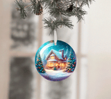 Christmas ornament with a snowy scene of a house and trees, hanging on a tree branch.