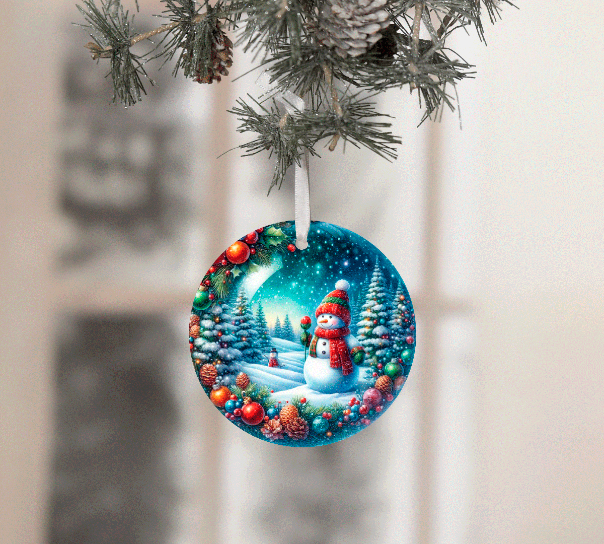 Decorative Christmas ornament with a snowman and winter scene on a tree branch.