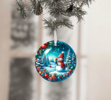 Decorative Christmas ornament with a snowman and winter scene on a tree branch.